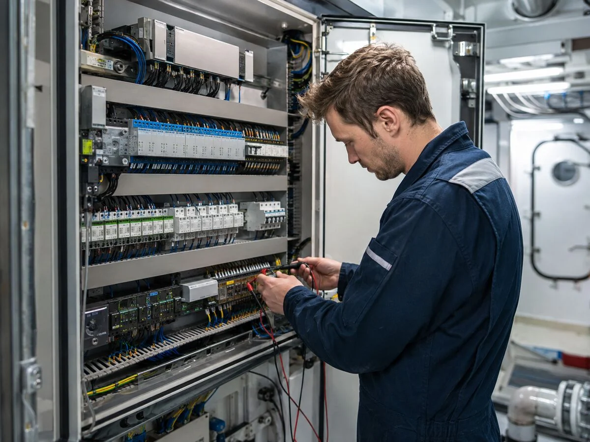 Marine electrical technician working on a control panel